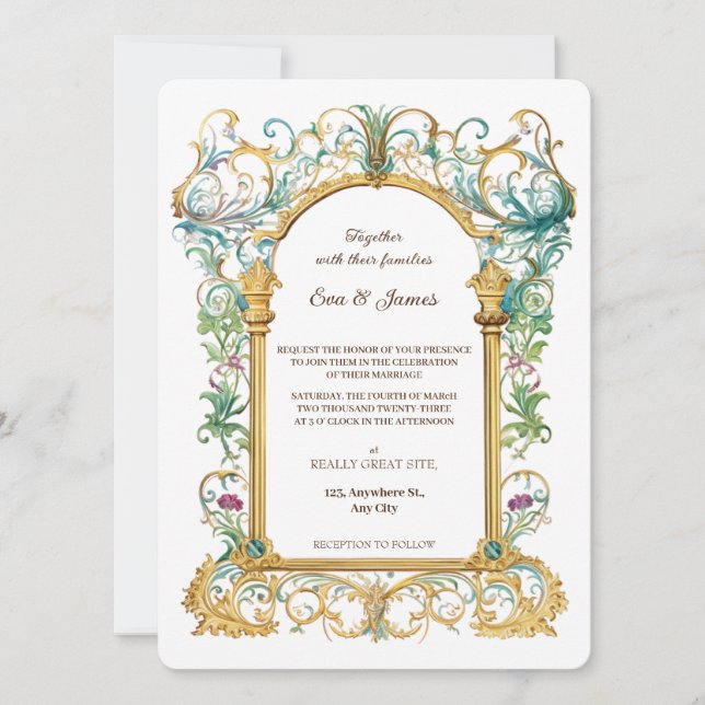 Elegant Scrollwork Floral Regal Botanical Wedding Invitation (Front)