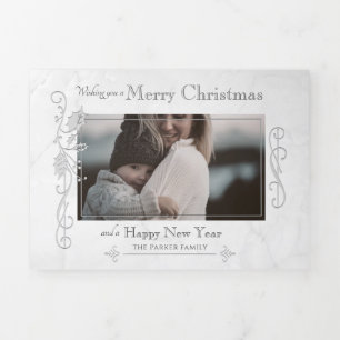 Elegant Sculpted White Marble Photo Tri-Fold Holiday Card