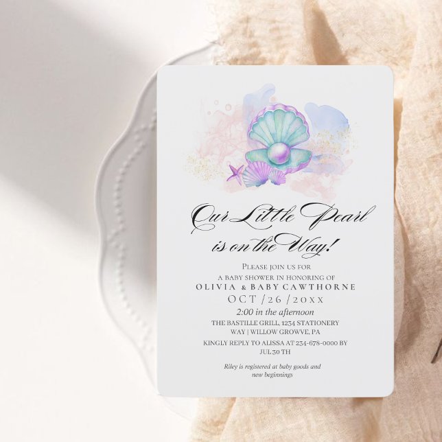 Elegant Sea Baby Shower Watercolor Pearl Invitation (Creator Uploaded)