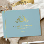 Elegant Sea Glass and Real Foil Monogram Wedding Guest Book<br><div class="desc">Personalise this elegant monogrammed wedding guestbook featuring real gold, silver, or rose gold foil on exquisite monogram and front, spine, and back text. Sea glass blue cover background colour in luxurious velvety-soft texture, and beautiful modern calligraphy details in a clean, minimal, and sleek style. Three size options with three inside...</div>