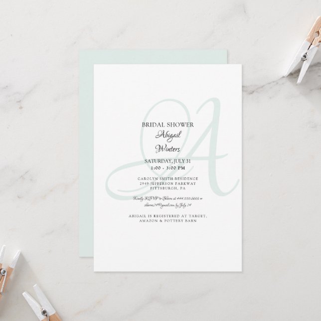 Elegant Sea Glass Bride Initial Bridal Shower Invitation (Front/Back In Situ)
