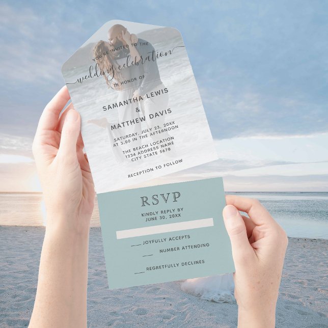 Elegant Sea Glass Dusty Blue Photo Beach Wedding All In One Invitation (Creator Uploaded)