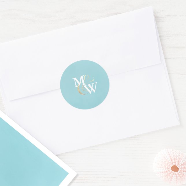 Elegant Sea Glass Monogram Gold Ampersand Wedding Classic Round Sticker (Creator Uploaded)