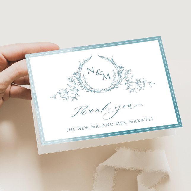 Elegant Sea Glass Monogram, Watercolor Wedding Thank You Card (Creator Uploaded)