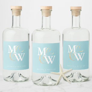 Elegant Sea Glass Teal White Monogram Wedding  Liquor Bottle Label