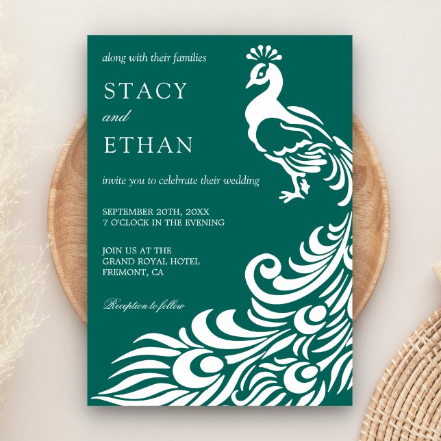 Elegant Sea Green and White Peacock Wedding Invitation (Creator Uploaded)