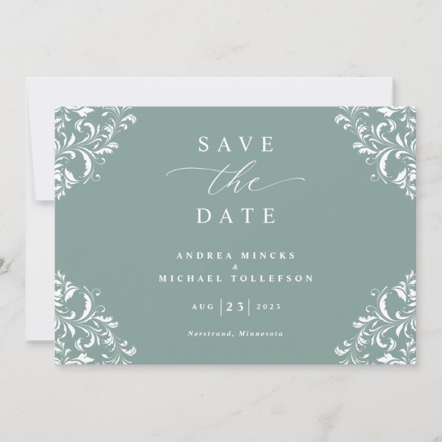 Elegant Sea Green Wedding Vintage Save The Date (Front)