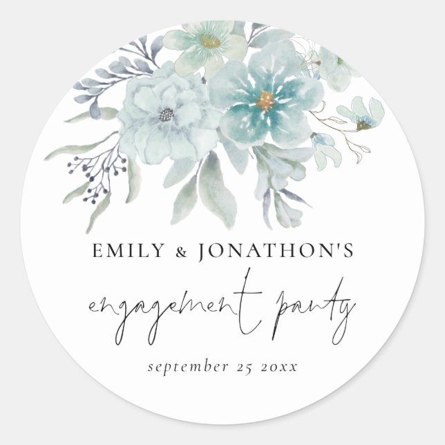 Elegant Sea Mist Teal Blue Floral Engagement Party Classic Round Sticker (Front)