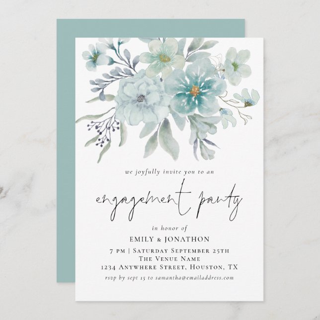 Elegant Sea Mist Teal Florals Engagement Party Invitation (Front/Back)