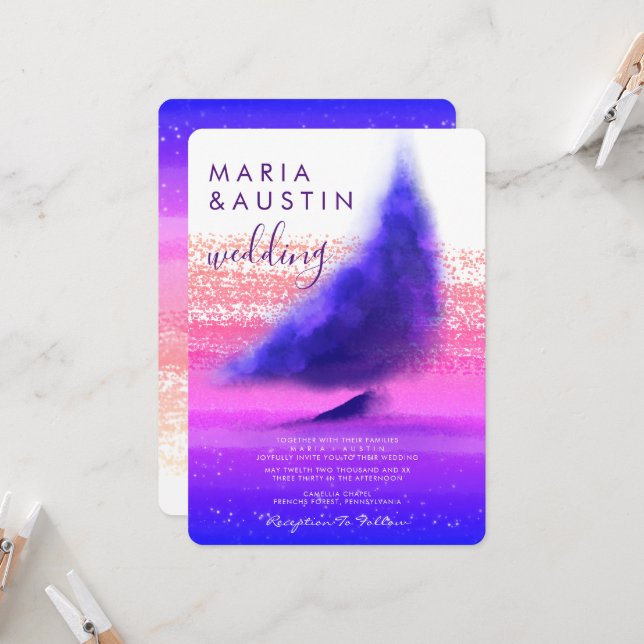 Elegant Sea Sailing Boat Ombre Watercolor Wedding Invitation (Front/Back In Situ)