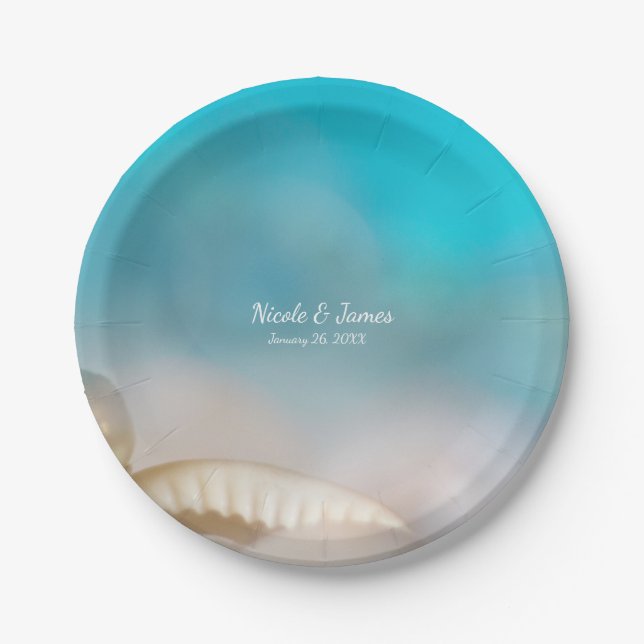 Elegant Sea Shells Blue Tropical Beach Wedding Paper Plate (Front)