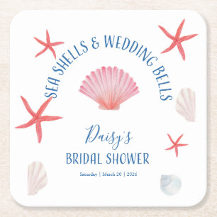 Elegant Sea shells & wedding bells Bridal shower Square Paper Coaster