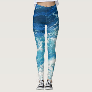 Elegant Sea Waves Blue Ocean Pattern Leggings