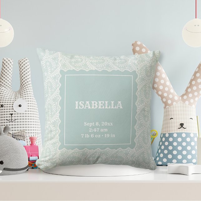 Elegant Seafoam Green Faux Lace Boy Girl Nursery Cushion (newborn baby throw pillow with name and stats in seafoam green with lace)