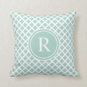 Elegant Seafoam Mint Quatrefoil Monogram Cushion