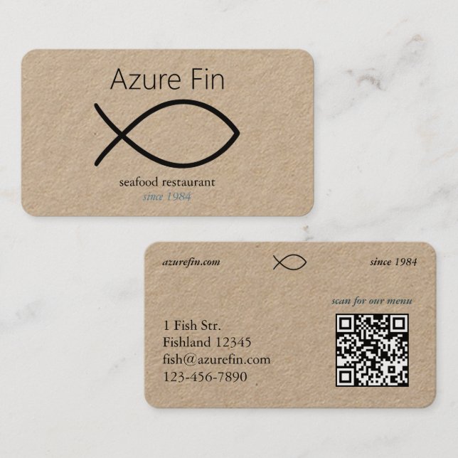 Elegant Seafood Restaurant | Fish Logo & QR Code Business Card (Front/Back)