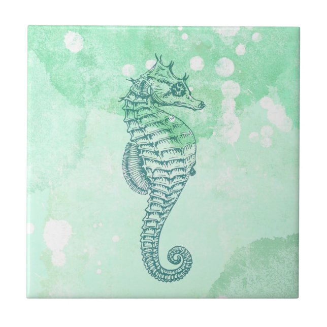 Elegant Seahorse Blue Watercolor Tile (Front)