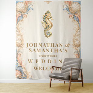 Elegant seahorse coastal beach photo backdrop tapestry