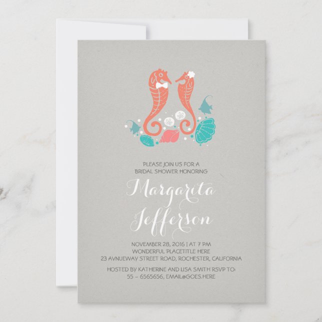 Elegant seahorses beach bridal shower invitation (Front)