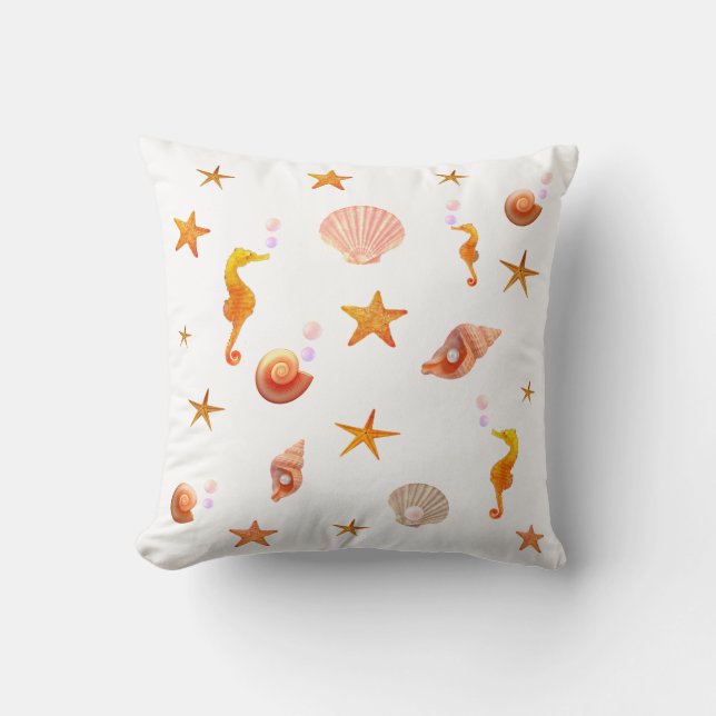 Elegant seahorses, shells & sea stars on white cushion (Front)