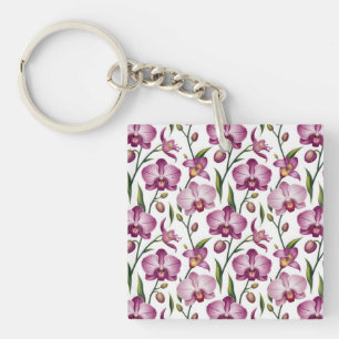 Elegant Seamless Pattern of Purple and Pink Orchid Key Ring