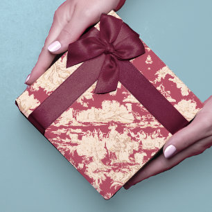 Elegant Seamless Red Vintage Toile de Jouy Lake Wrapping Paper