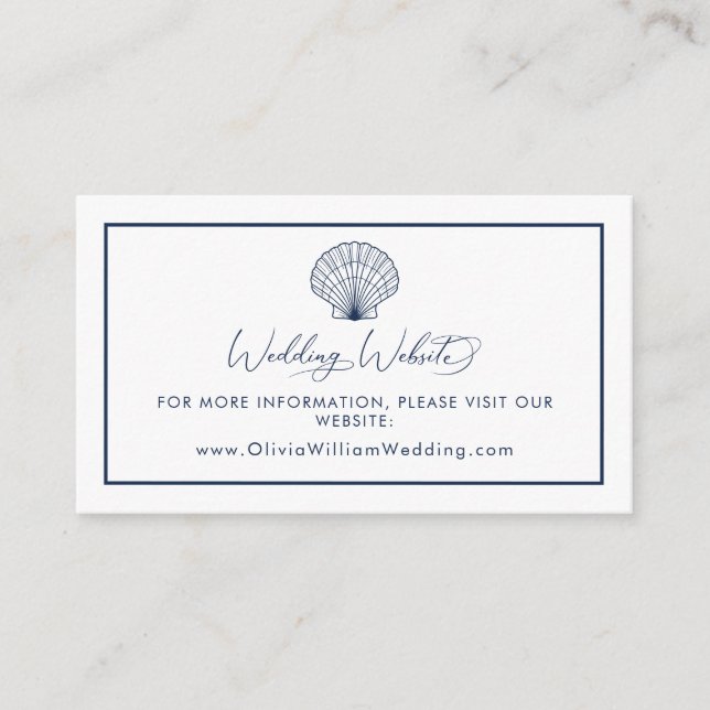 Elegant Seashell Beach Navy Blue Wedding Website Enclosure Card (Front)