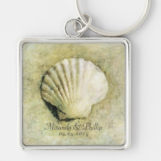 Elegant Seashell Beach Wedding Keepsake Key Ring (Front)