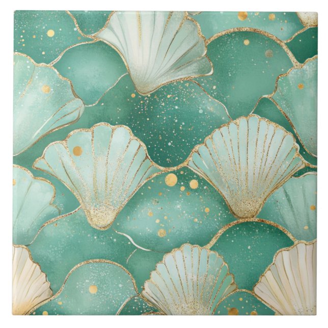 Elegant Seashell & Gold Coastal Seamless Tile (Front)