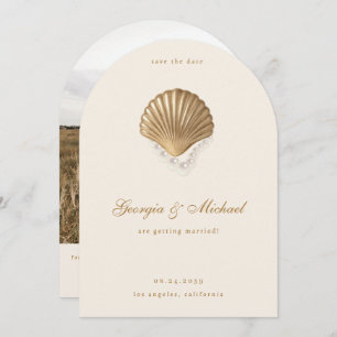 Elegant Seashell & Pearls Gold Coastal Wedding Save The Date