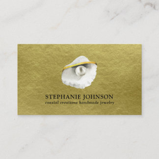 Elegant Seashell with Pearl on Textured Gold Business Card
