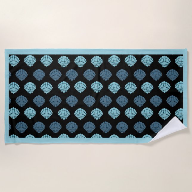 Elegant Seashells Blue on Black Beach Towel (Front)