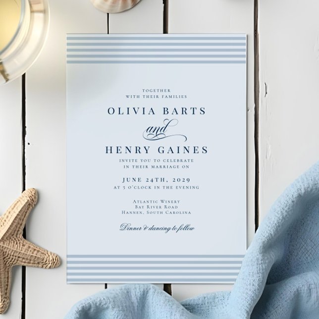 Elegant Seaside Coastal Blue Stripe Wedding Invitation (Creator Uploaded)