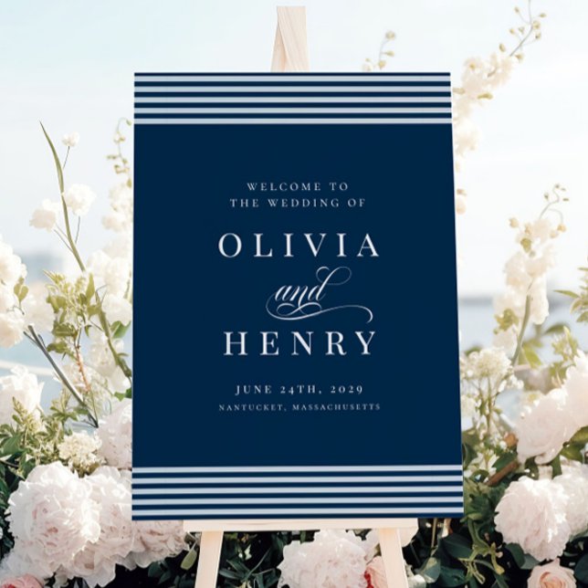 Elegant Seaside Coastal Blue Stripe Wedding Sign (Creator Uploaded)