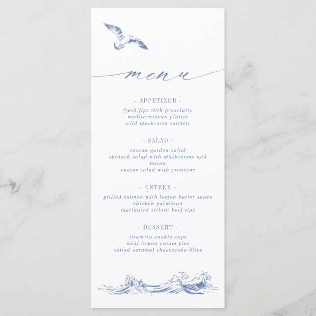 Elegant Seaside Coastal Chic Blue Wedding Menu (Front)
