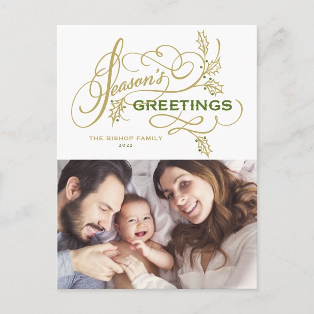 Elegant Season's Greetings Flourish Family Photo Holiday Postcard (Front)