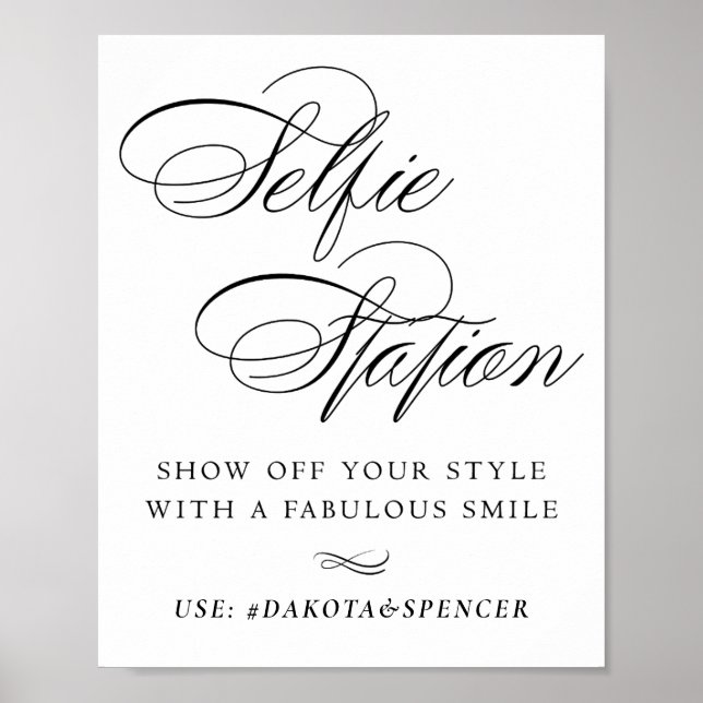 Elegant Selfie Station Black Script Smile Hashtag Poster (Front)