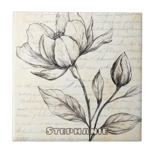 Elegant Sepia Botanical Flowers Vintage Script Tile