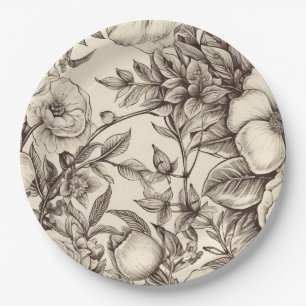Elegant Sepia Botanical with Layered Florals Paper Plate