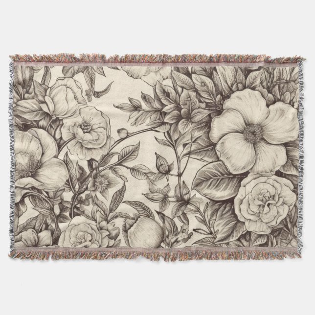 Elegant Sepia Botanical with Layered Florals Throw Blanket (Front)