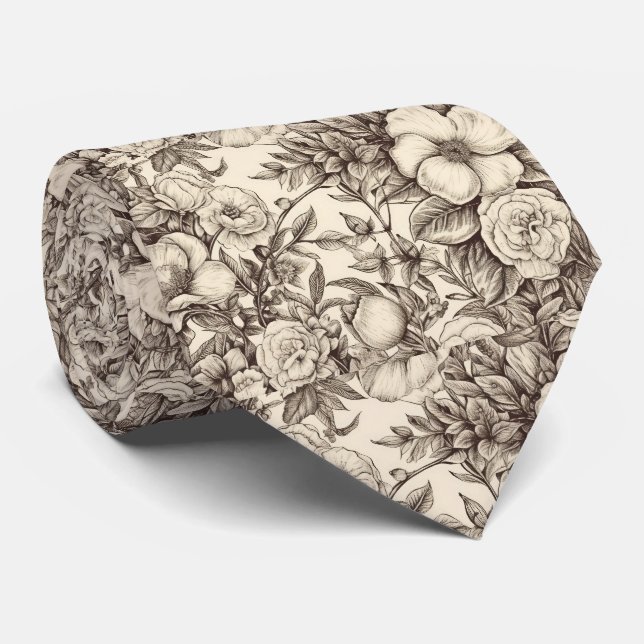 Elegant Sepia Botanical with Layered Florals Tie (Rolled)