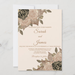 Elegant Seppia Rose Gold Glitter Floral Wedding Invitation