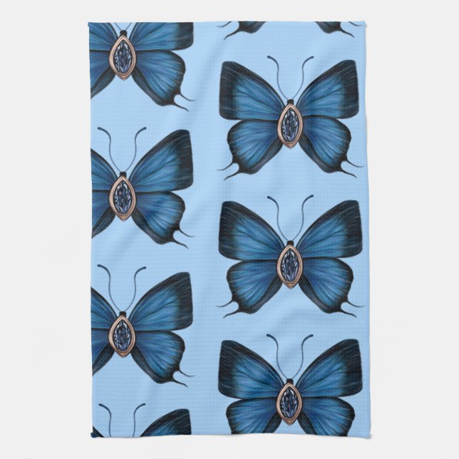 Elegant September Blue Sapphire Butterfly Pattern Tea Towel (Vertical)