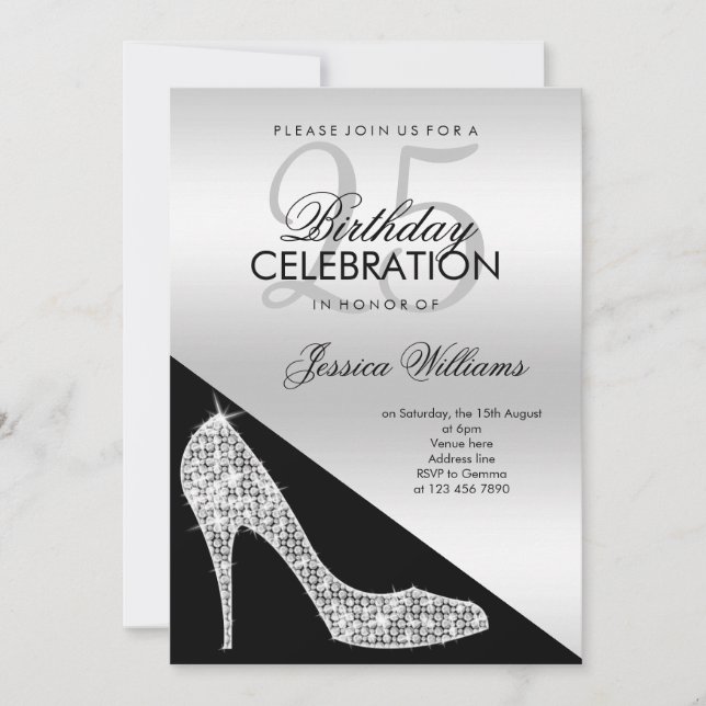 Elegant Sequin Stiletto, Silver & Black Birthday  Invitation (Front)