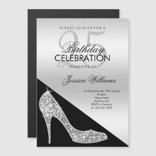 Elegant Sequin Stiletto, Silver & Black Birthday Magnetic Invitation