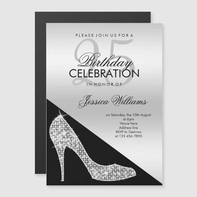Elegant Sequin Stiletto, Silver & Black Birthday   Magnetic Invitation (Front/Back)