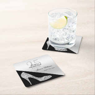Elegant Sequin Stiletto, Silver & Black Birthday Square Paper Coaster
