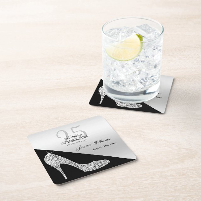 Elegant Sequin Stiletto, Silver & Black Birthday   Square Paper Coaster (Insitu)