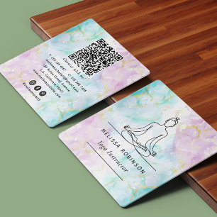 Elegant Serene Alcohol Ink Yoga Instructor QR Code Square Business Card