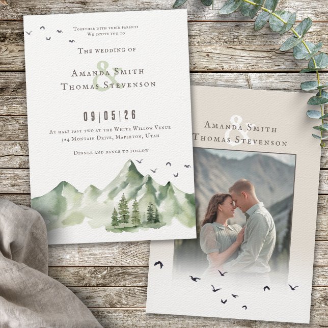 Elegant serene green montain landscape wedding invitation (Creator Uploaded)
